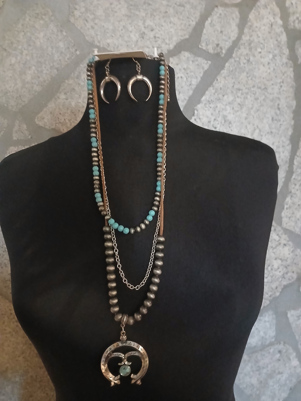 Turquoise Bead Layered Necklace Set with Silver Crescent Pendant - Women Jewelry